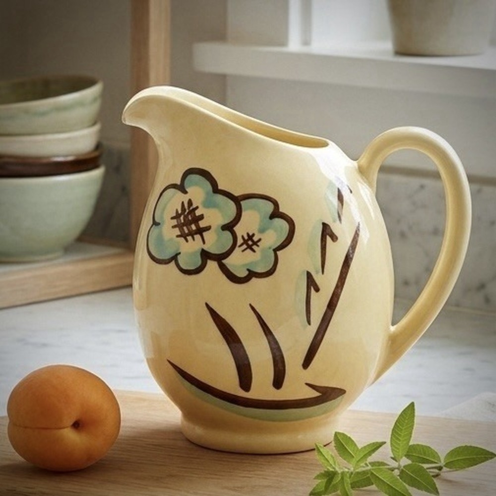 Vintage SHAWNEE Pottery Creamer Pitcher #35 Yellow Brown Blue Floral 6" USA